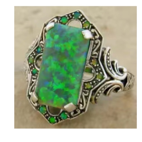 Iridescent Green Fire Opal Solitaire Silver Ring - Picture 2 of 7